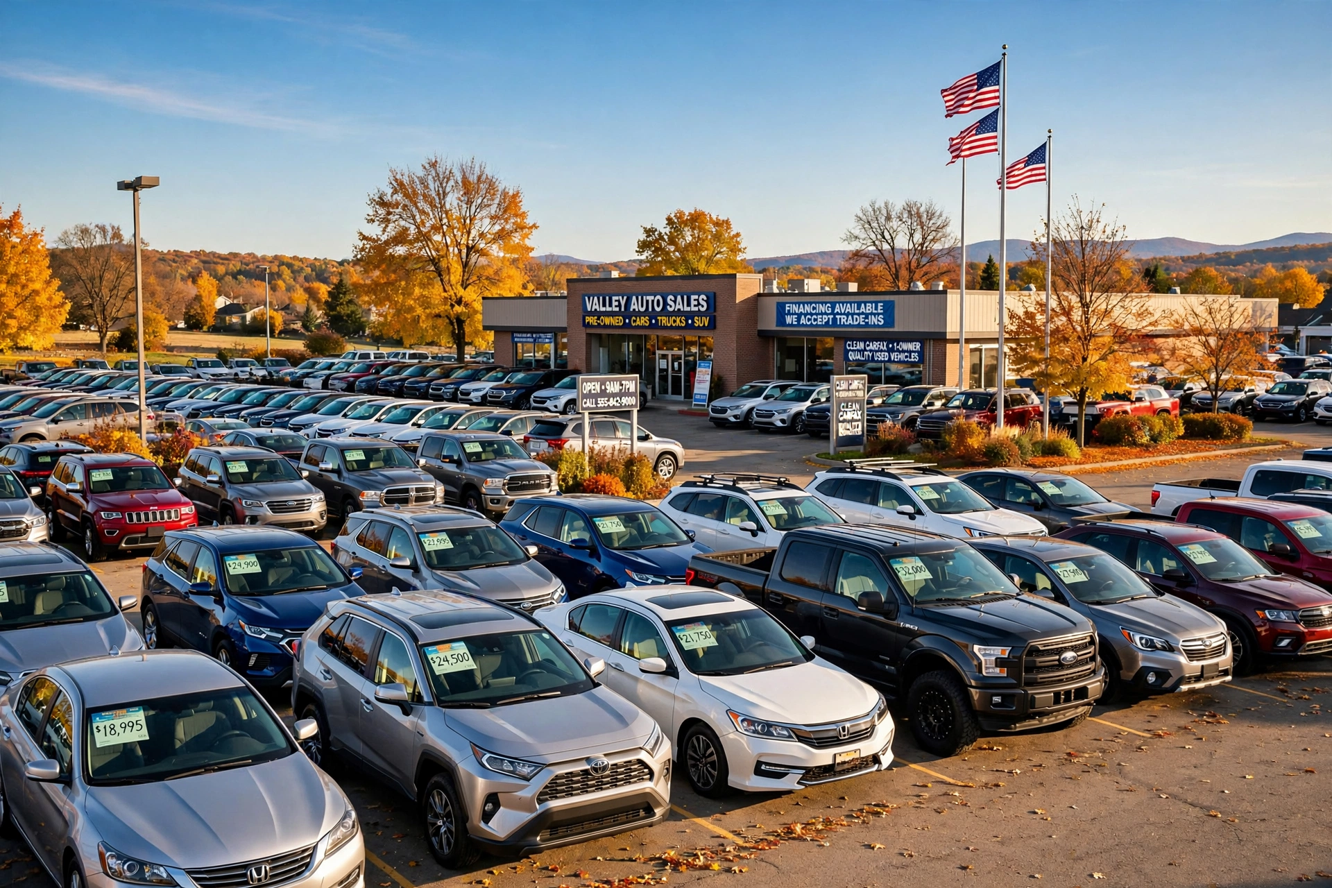 Used car dealership lot in autumn with price signs on windshields — Q4 2026 market report