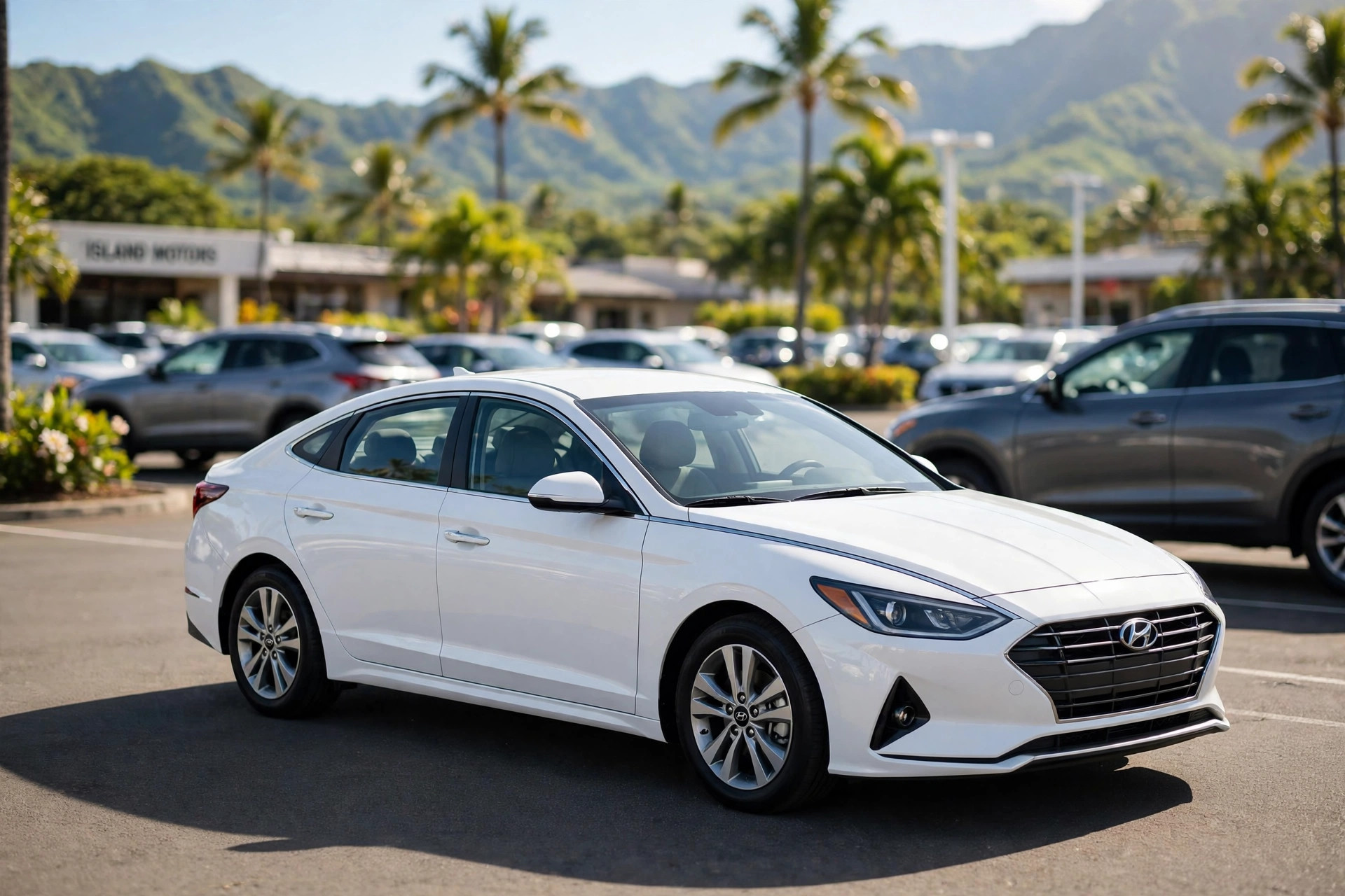 White sedan on a sunny car lot — MilitaryCarLot.com weekly featured vehicle